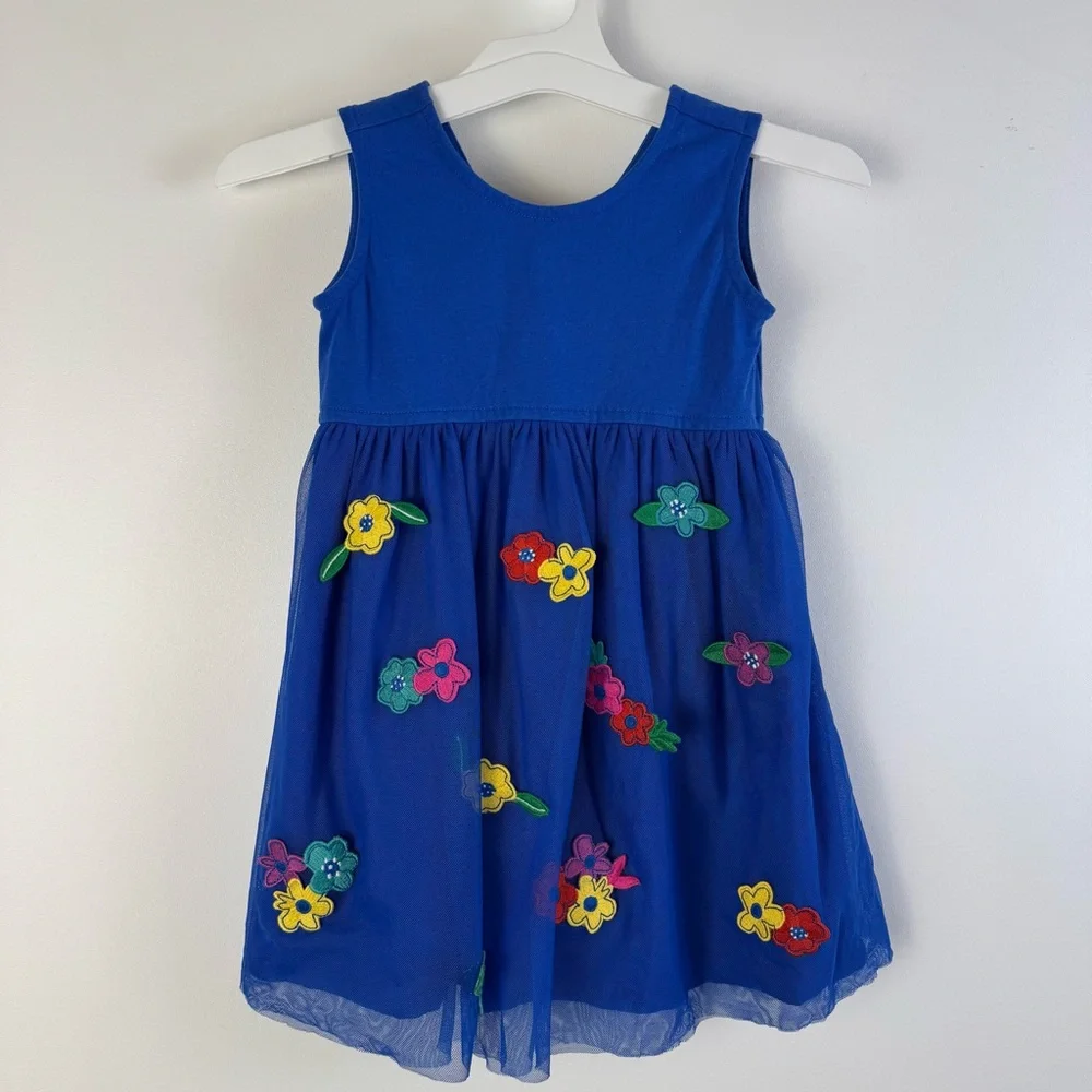Hanna Andersson Chasing Summer Dress Blue Floral Flower Tulle Size 4 Girls Kids